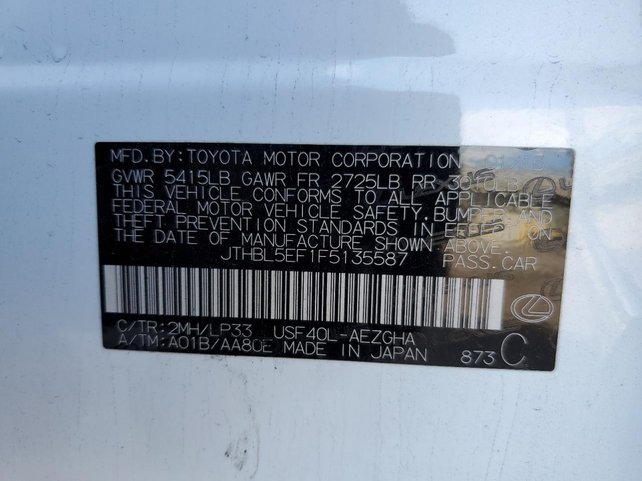 2015 Lexus LS VIN JTHBL5EF1F5135587 Copart auction photo, vandalism / burn - interior damage thumbnail 13