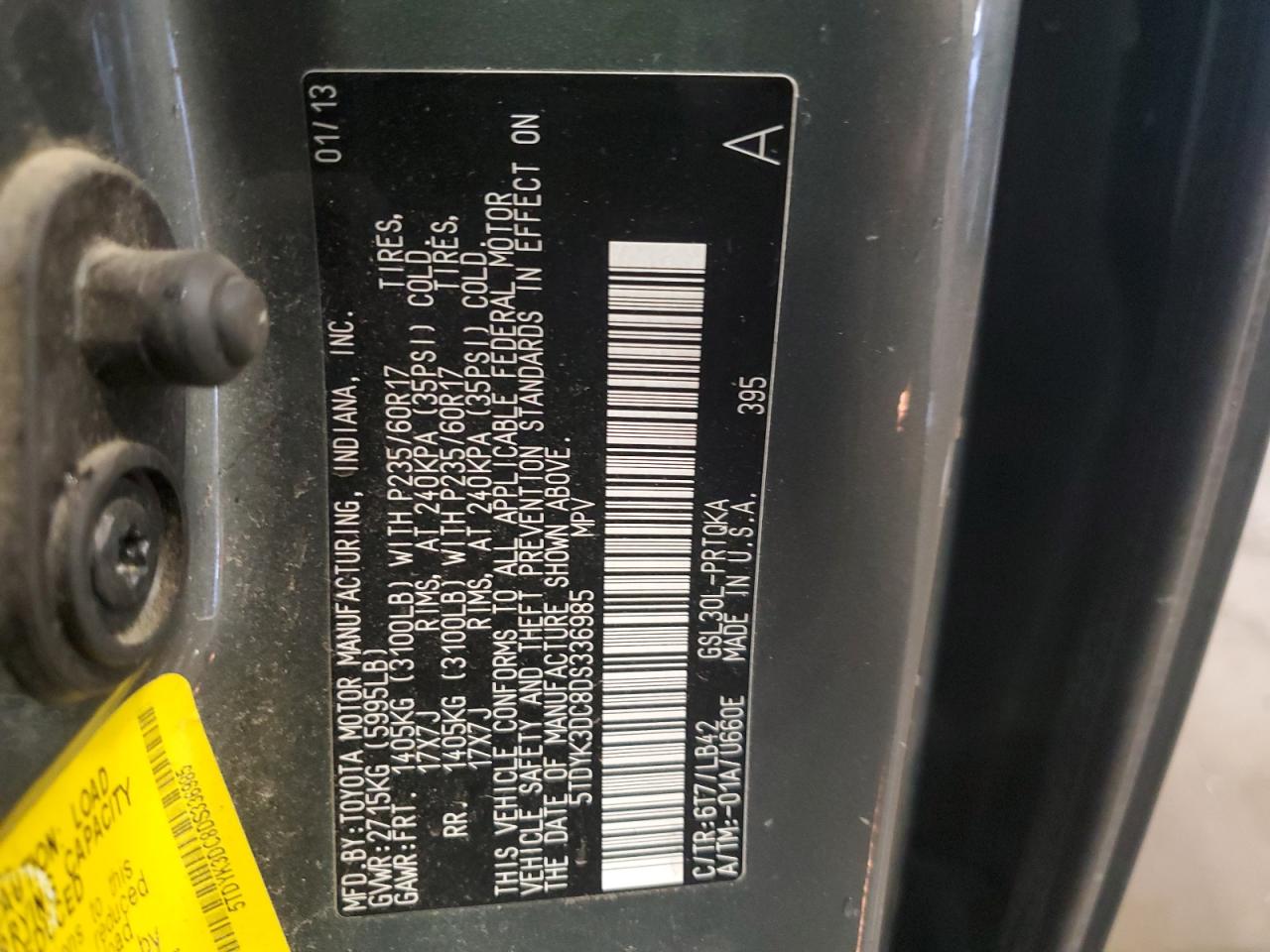 2013 Toyota Sienna VIN 5TDYK3DC8DS336985 Copart auction photo, front end damage thumbnail 13