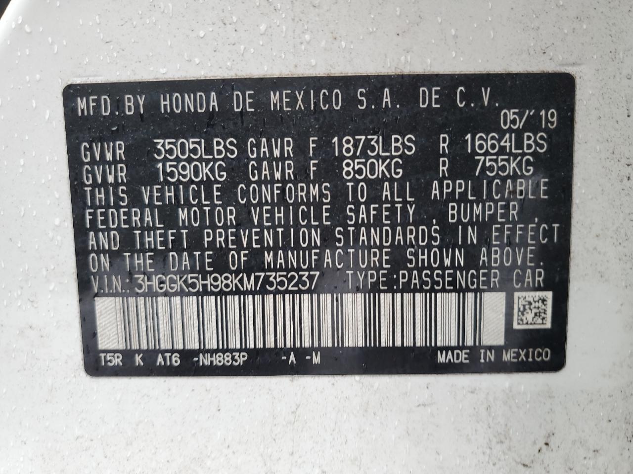 2019 Honda Fit VIN 3HGGK5H98KM735237 Copart auction photo, all over damage thumbnail 12