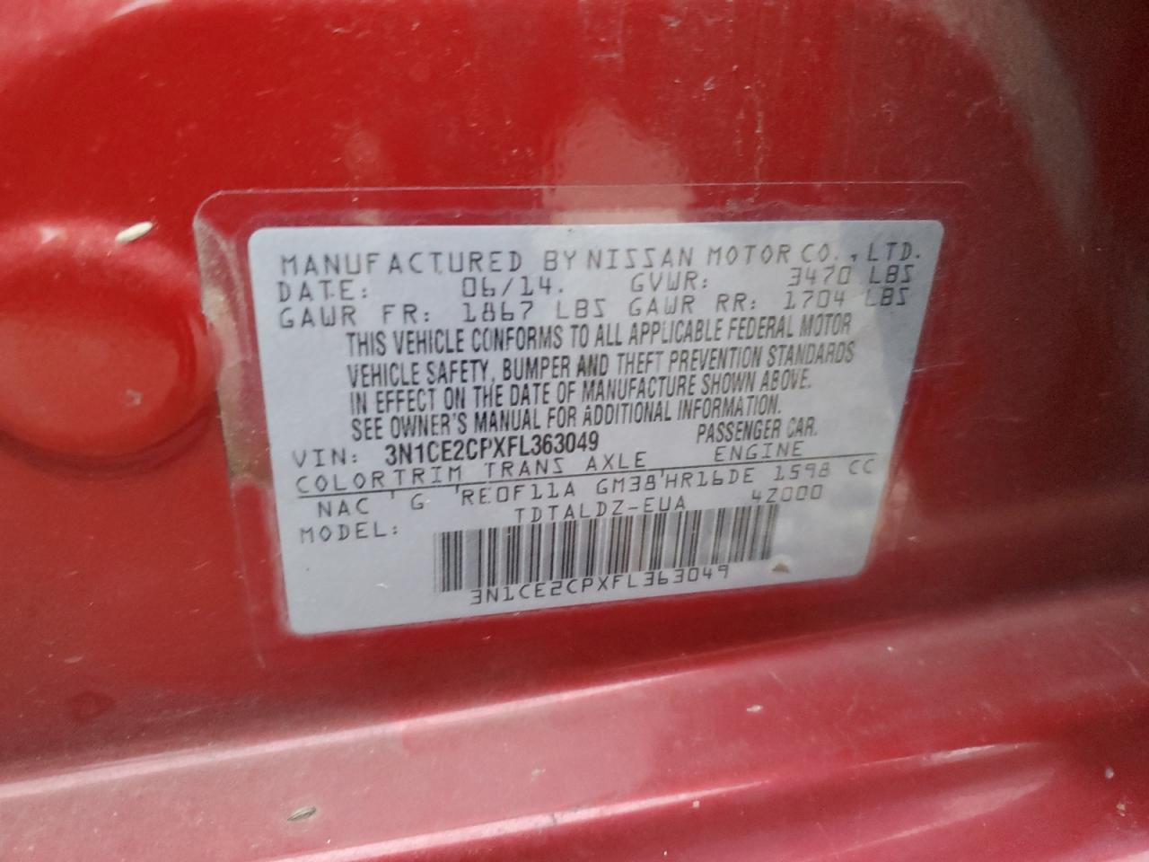 2015 Nissan Versa VIN 3N1CE2CPXFL363049 Copart auction photo, all over damage thumbnail 14