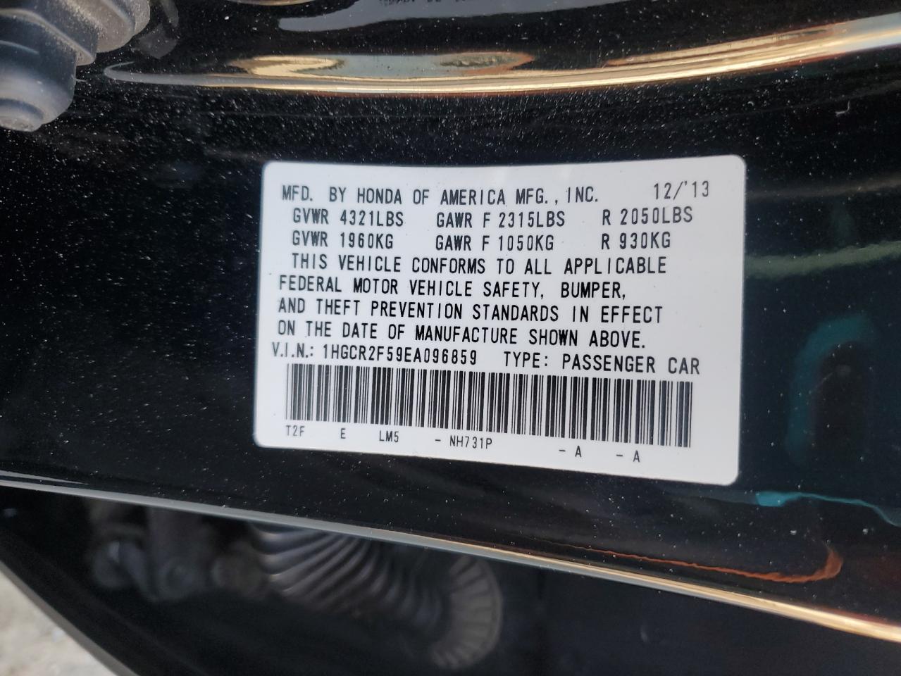 2014 Honda Accord VIN 1HGCR2F59EA096859 Copart auction photo, rear end damage thumbnail 12