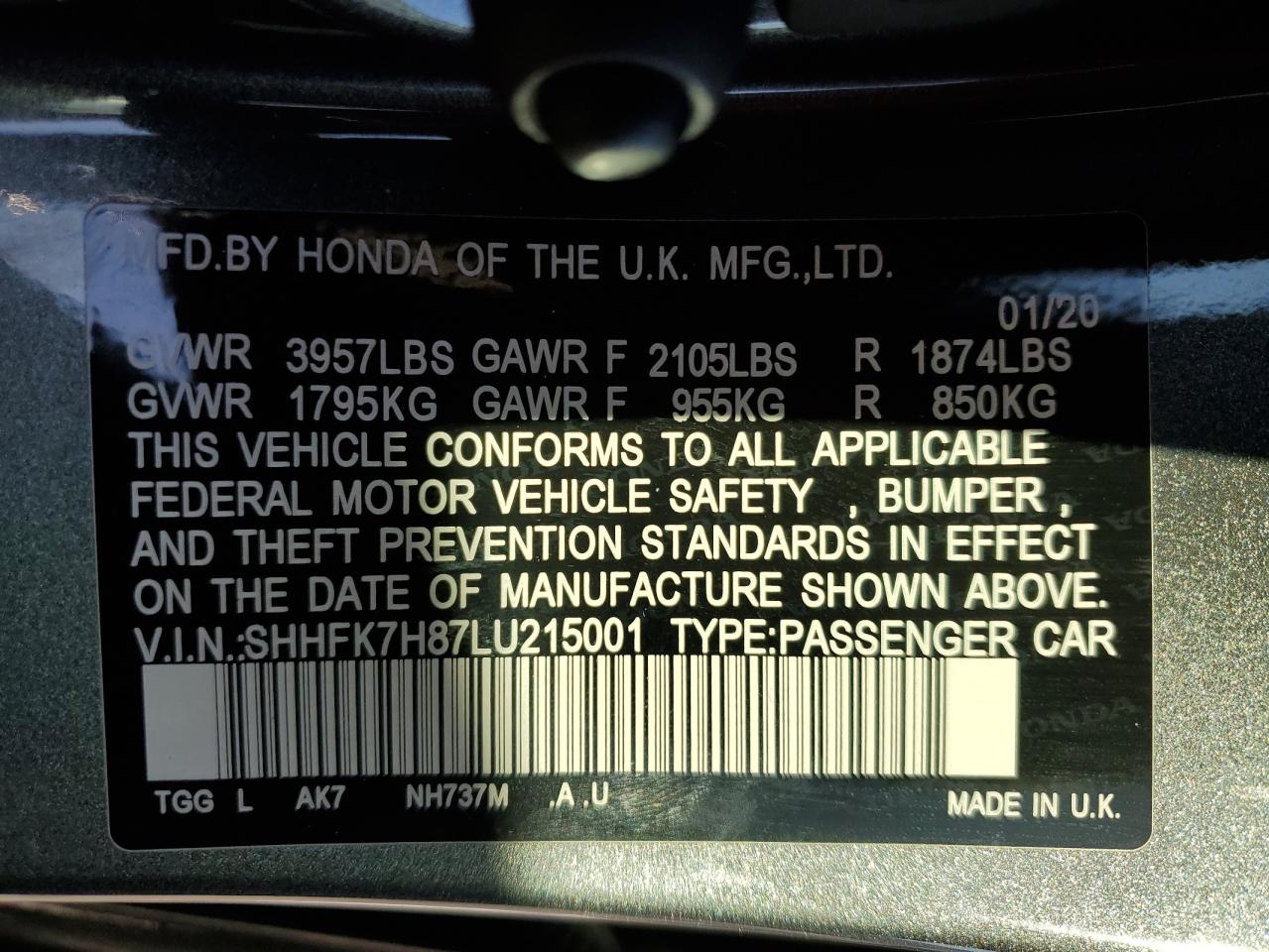 2020 Honda Civic VIN SHHFK7H87LU215001 Copart auction photo, side / rear end damage thumbnail 12