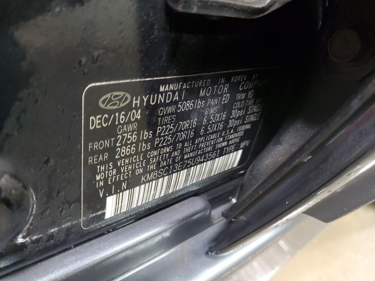 2005 Hyundai Santa Fe VIN KM8SC13E75U943561 Copart auction photo, side / front end damage thumbnail 13
