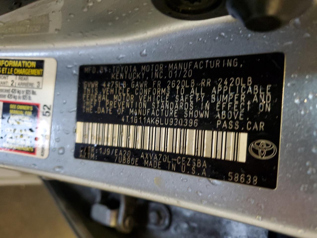 2020 Toyota Camry VIN 4T1G11AK6LU930396 Copart auction photo, front end / rear end damage thumbnail 15