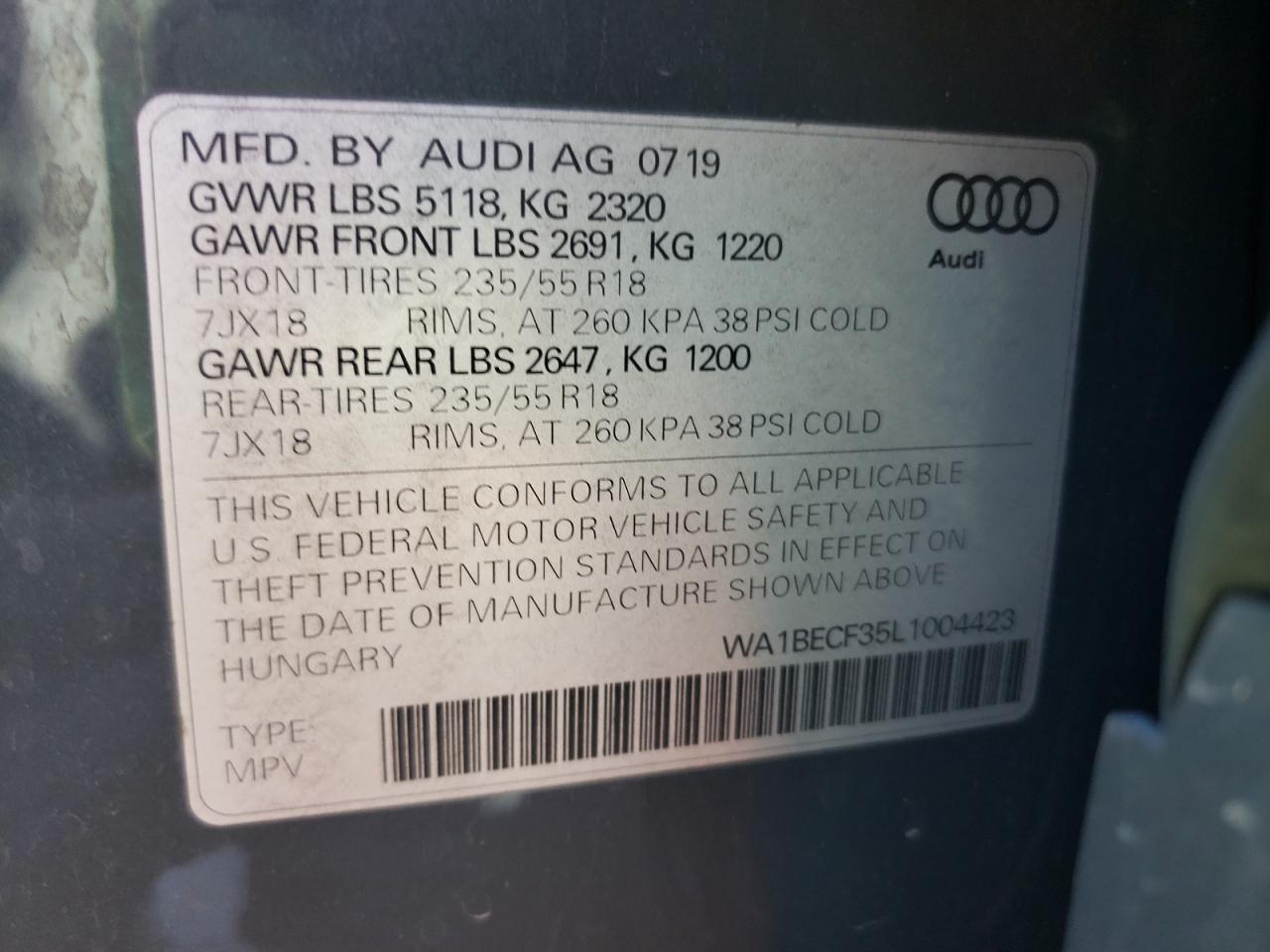 2020 Audi Q3 VIN WA1BECF35L1004423 Copart auction photo, front end / undercarriage damage thumbnail 14