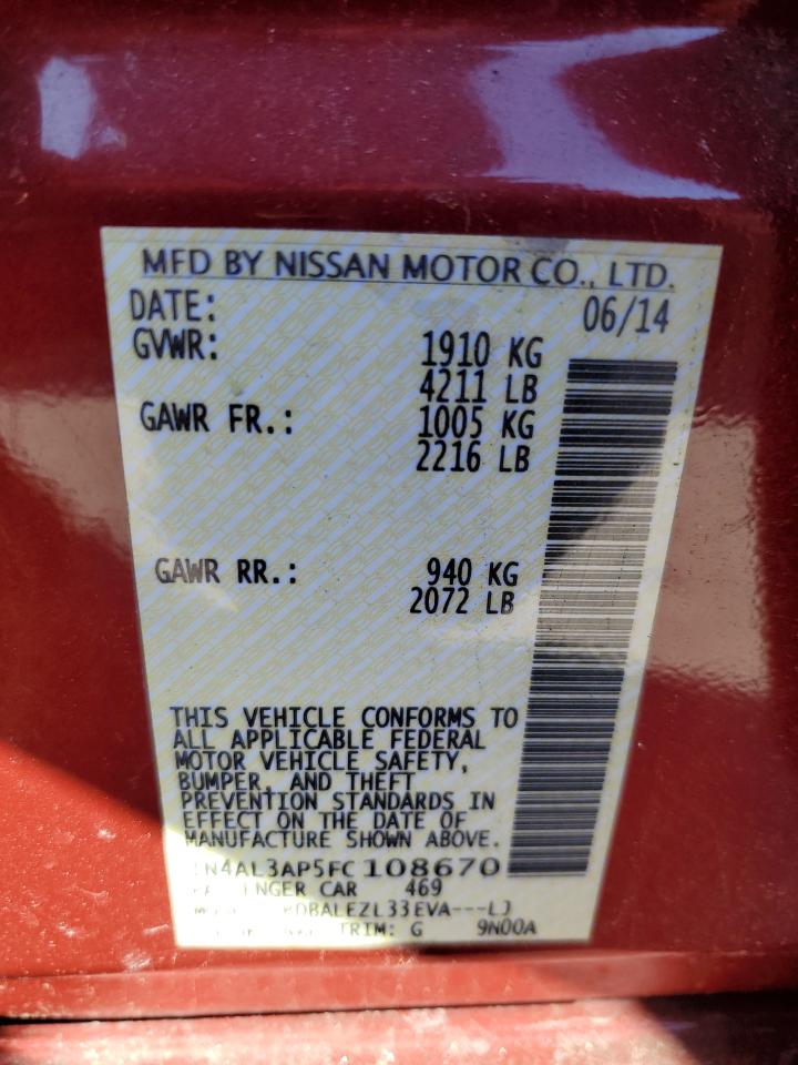 2015 Nissan Altima VIN 1N4AL3AP5FC108670 Copart auction photo, rear end damage thumbnail 12
