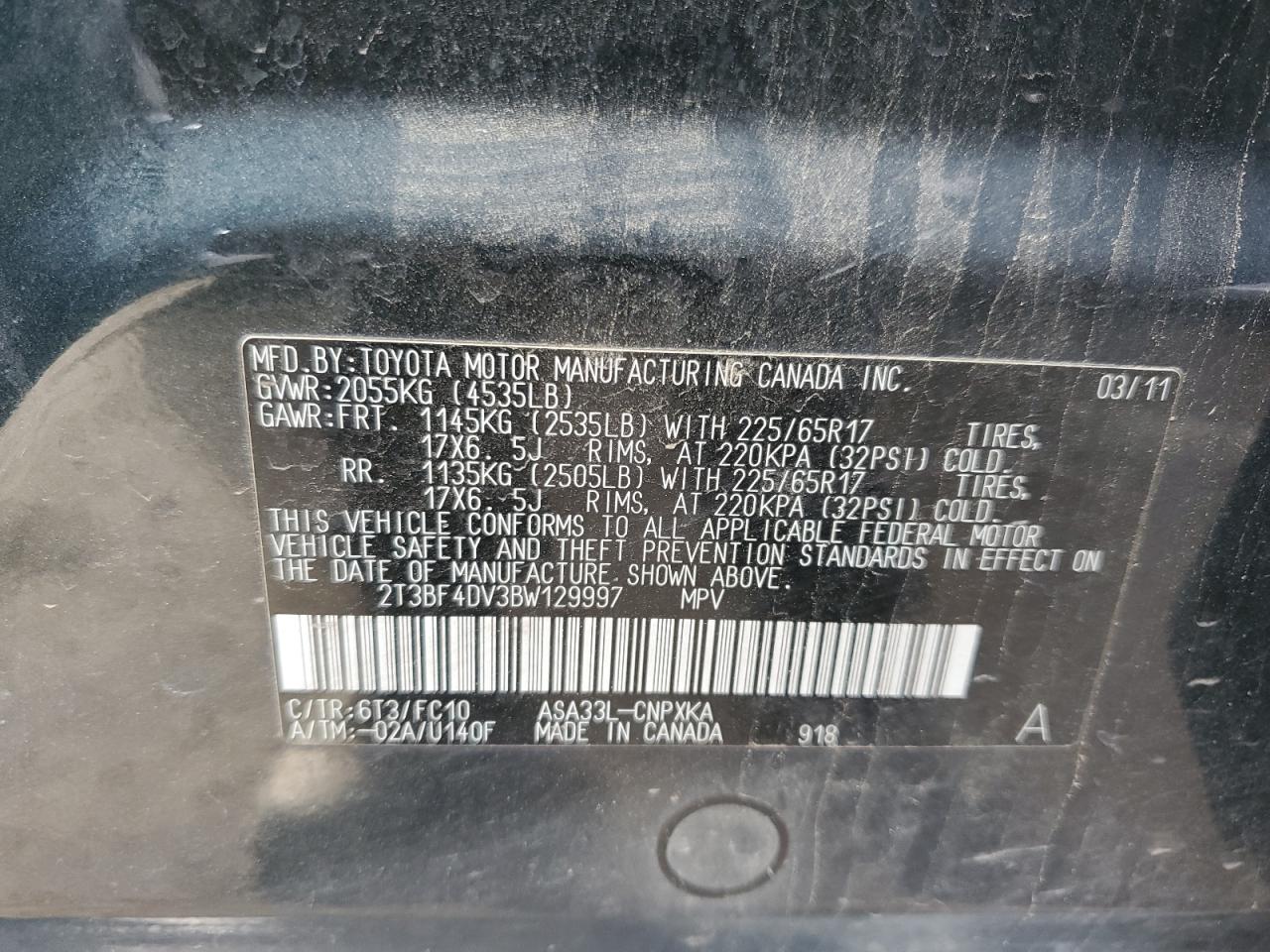 2011 Toyota RAV 4 VIN 2T3BF4DV3BW129997 Copart auction photo, front end damage thumbnail 13