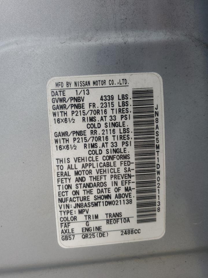 2013 Nissan Rogue VIN JN8AS5MT1DW021138 Copart auction photo, front end damage thumbnail 14