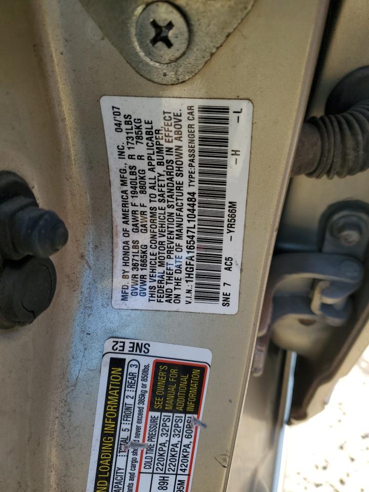 2007 Honda Civic VIN 1HGFA16547L104484 Copart auction photo, front end damage thumbnail 13