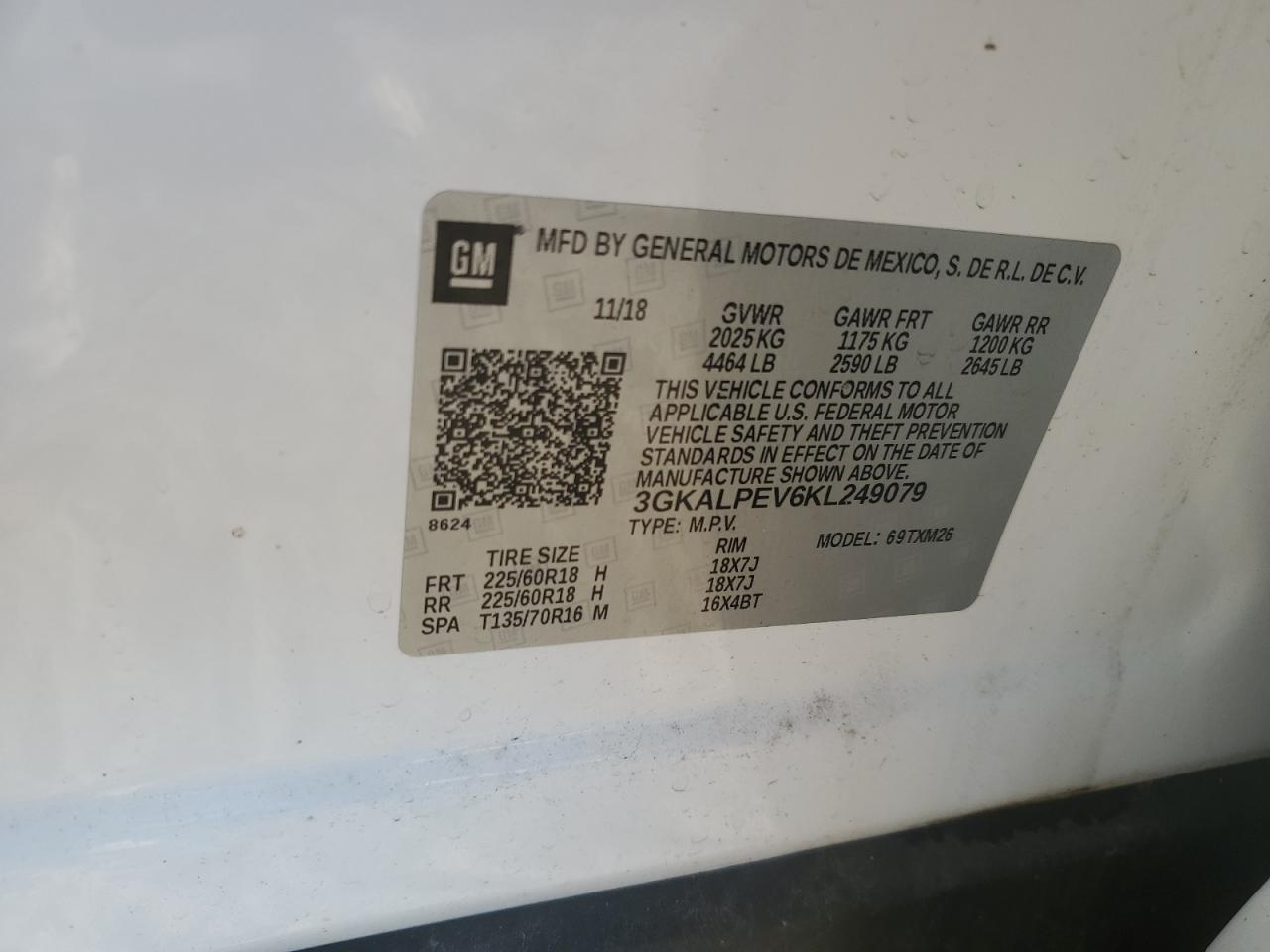 2019 GMC Terrain VIN 3GKALPEV6KL249079 Copart auction photo, front end damage thumbnail 15