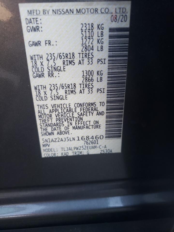 2020 Nissan Murano VIN 5N1AZ2AJ5LN168460 Copart auction photo, front end damage thumbnail 13