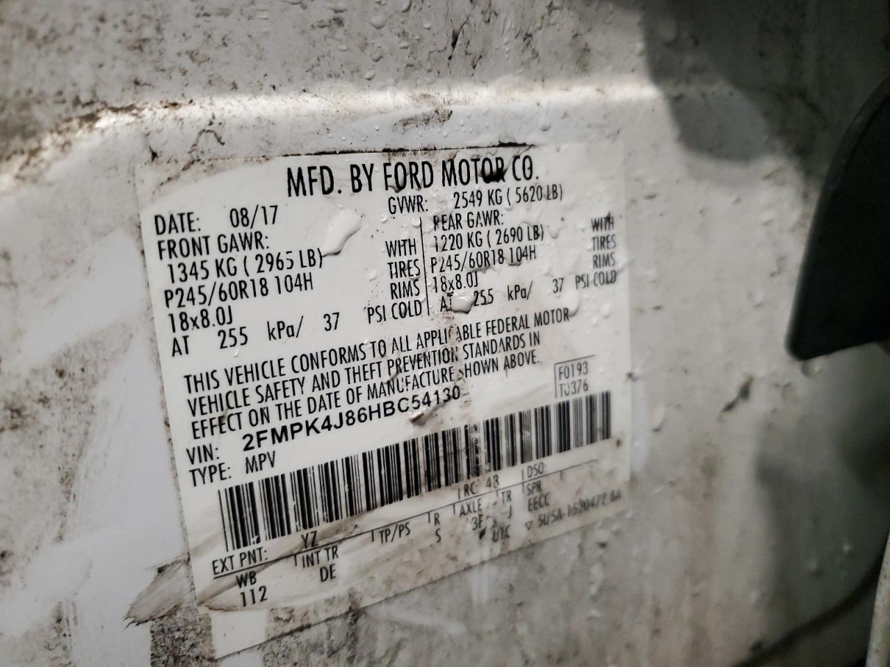 2017 Ford Edge VIN 2FMPK4J86HBC54130 Copart auction photo, front end / side damage thumbnail 13