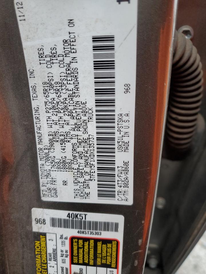 2013 Toyota Tundra VIN 5TFEY5F1XDX135737 Copart auction photo, front end / rear end damage thumbnail 12