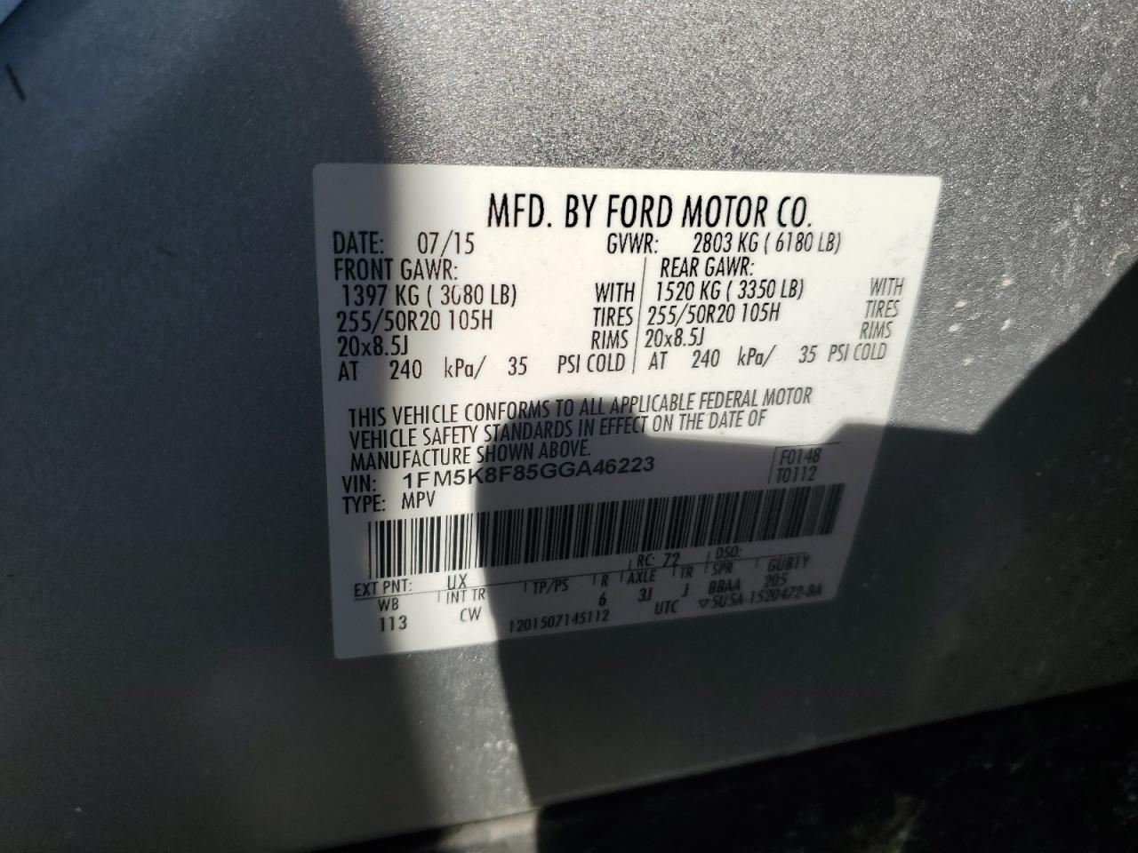 2016 Ford Explorer VIN 1FM5K8F85GGA46223 Copart auction photo, front end damage thumbnail 13