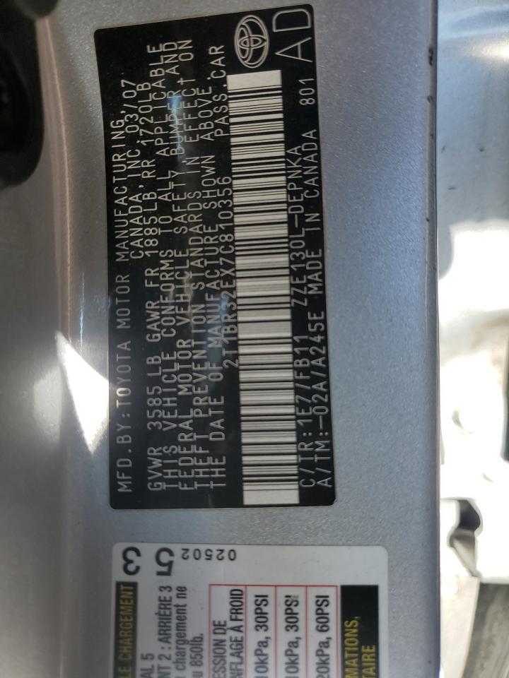 2007 Toyota Corolla VIN 2T1BR32EX7C810356 Copart auction photo, all over damage thumbnail 12