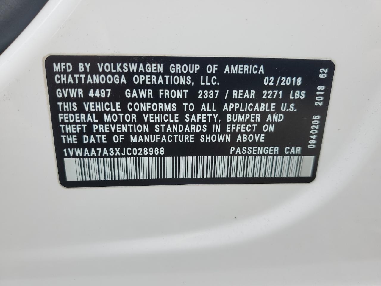 2018 Volkswagen Passat VIN 1VWAA7A3XJC028968 Copart auction photo, front end damage thumbnail 13