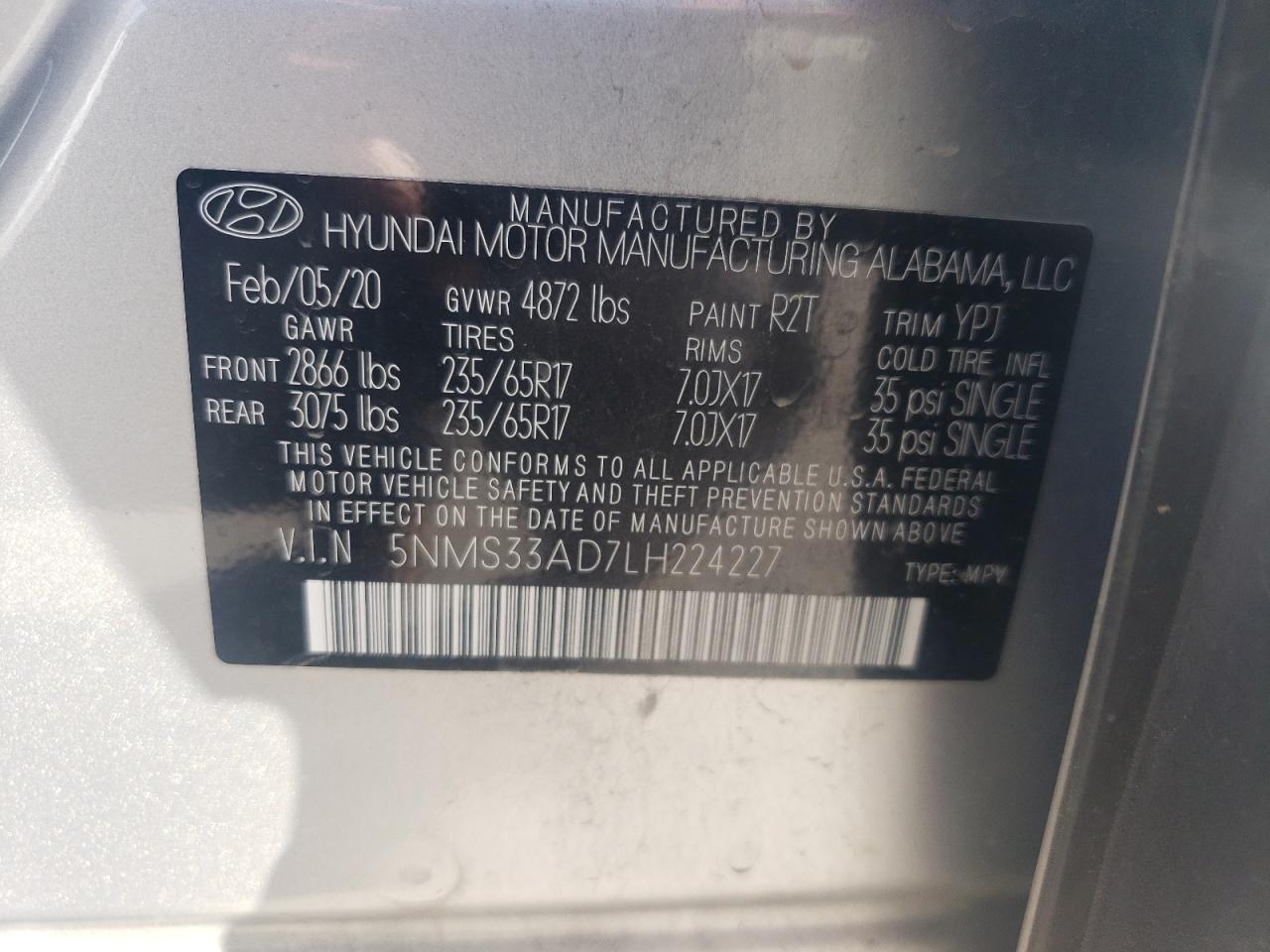 2020 Hyundai Santa Fe VIN 5NMS33AD7LH224227 Copart auction photo, front end damage thumbnail 15