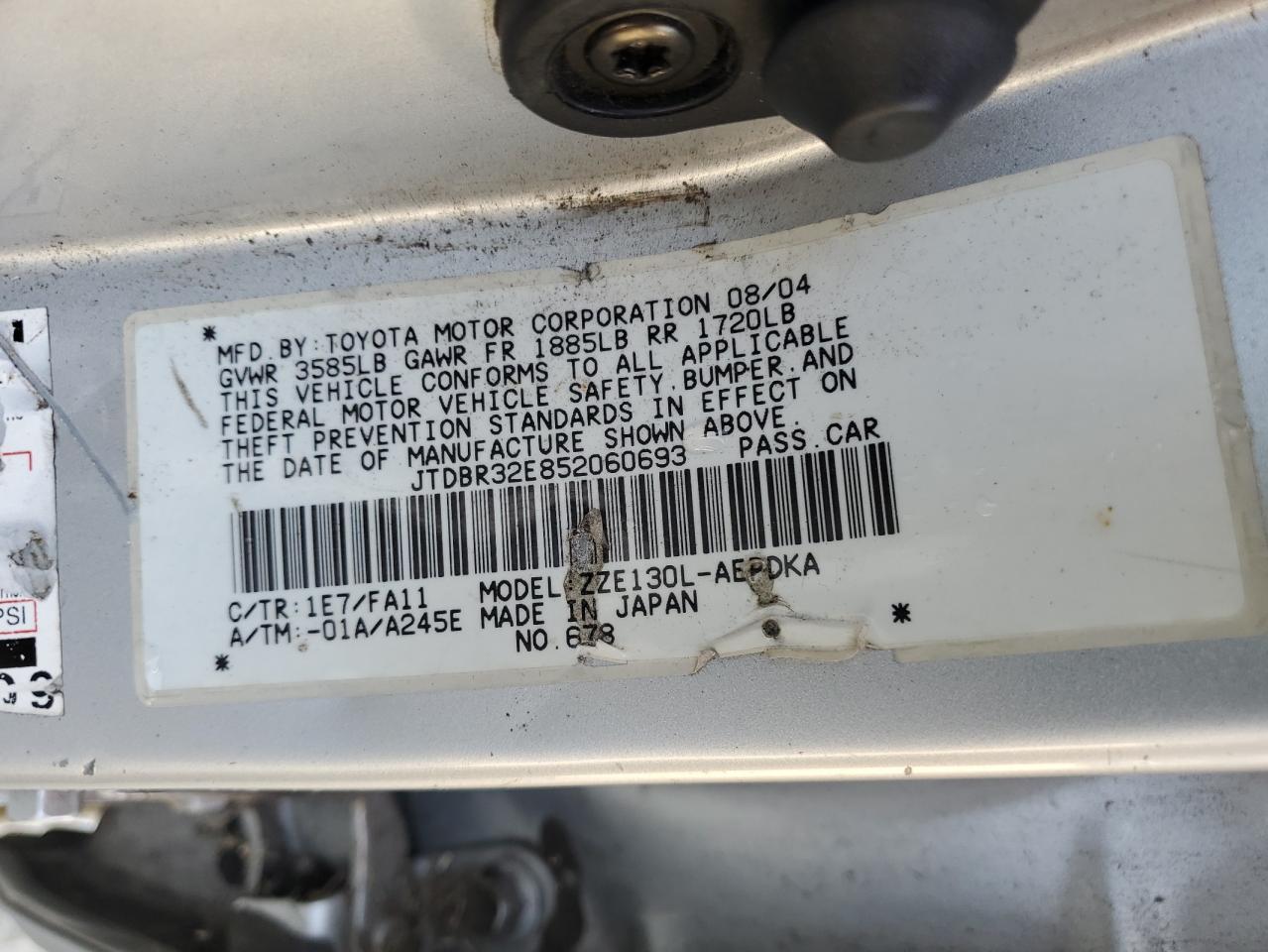 2005 Toyota Corolla VIN JTDBR32E852060693 Copart auction photo, front end / rear end damage thumbnail 12