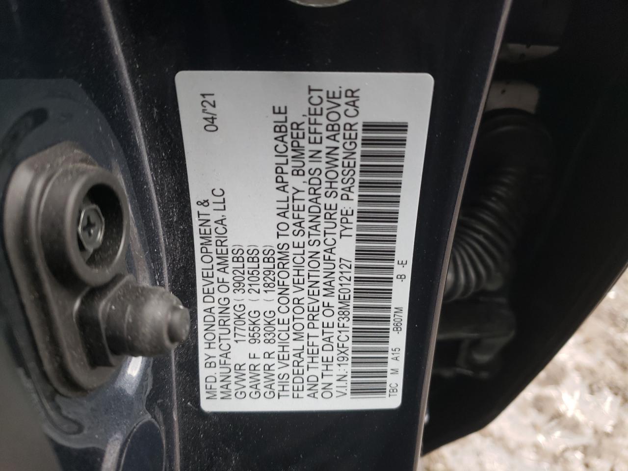 2021 Honda Civic VIN 19XFC1F38ME012127 Copart auction photo, front end damage thumbnail 14