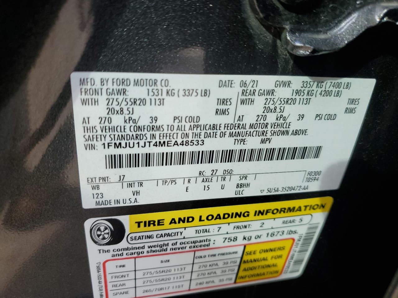 2021 Ford Expedition VIN 1FMJU1JT4MEA48533 Copart auction photo, rear end / side damage thumbnail 14