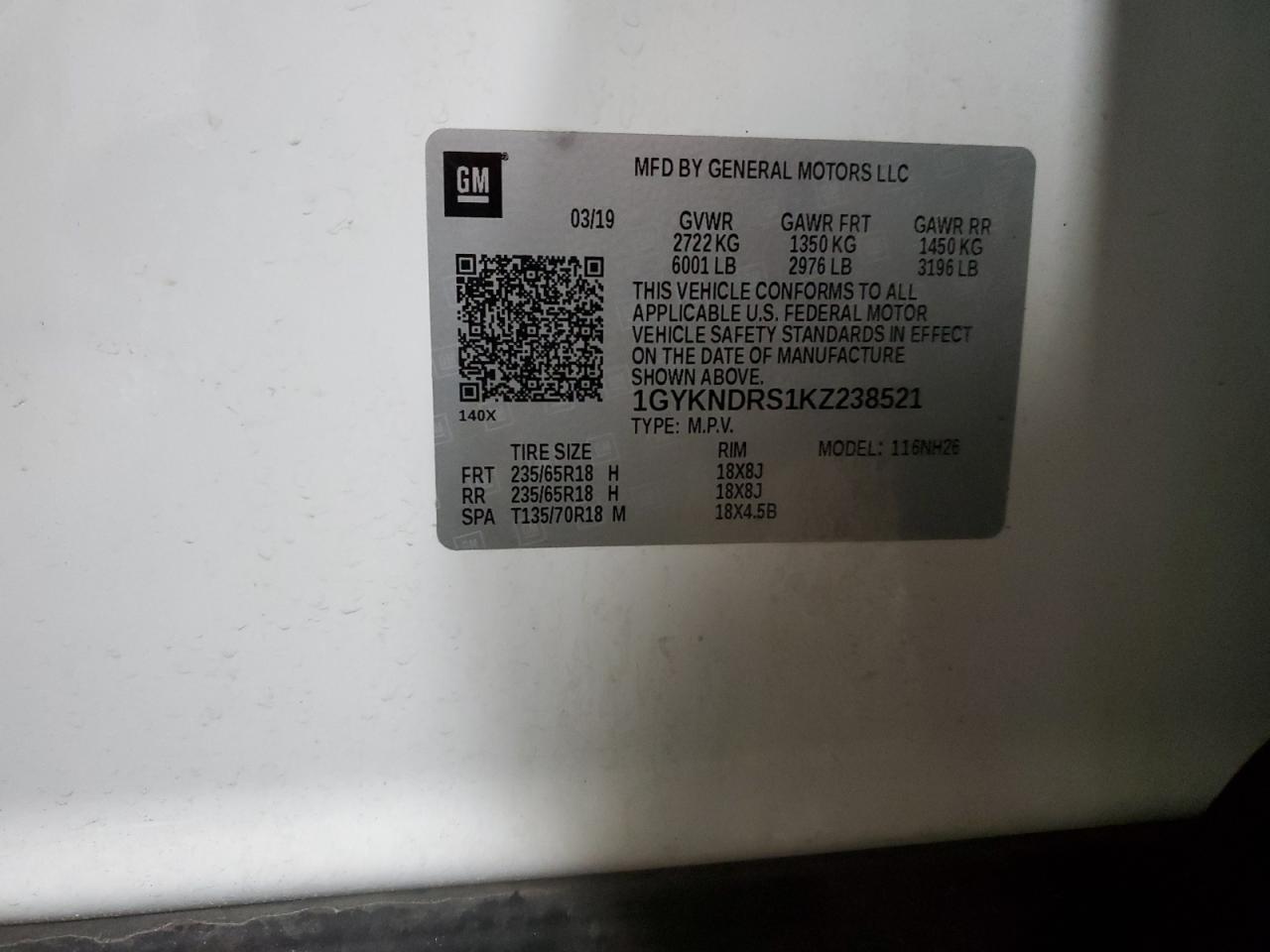 2019 Cadillac XT5 VIN 1GYKNDRS1KZ238521 Copart auction photo, front end damage thumbnail 14