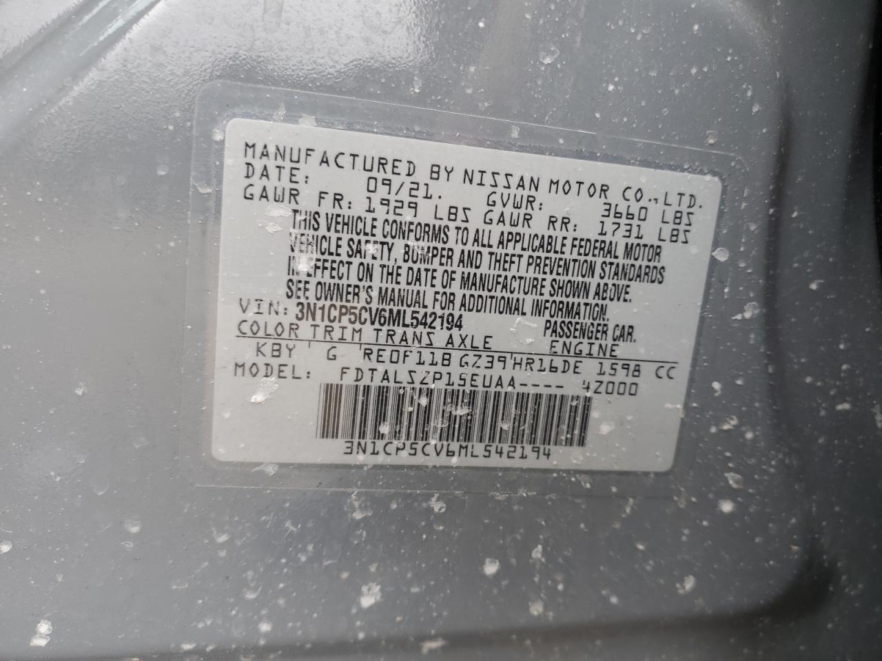 2021 Nissan Kicks VIN 3N1CP5CV6ML542194 Copart auction photo, front end damage thumbnail 13