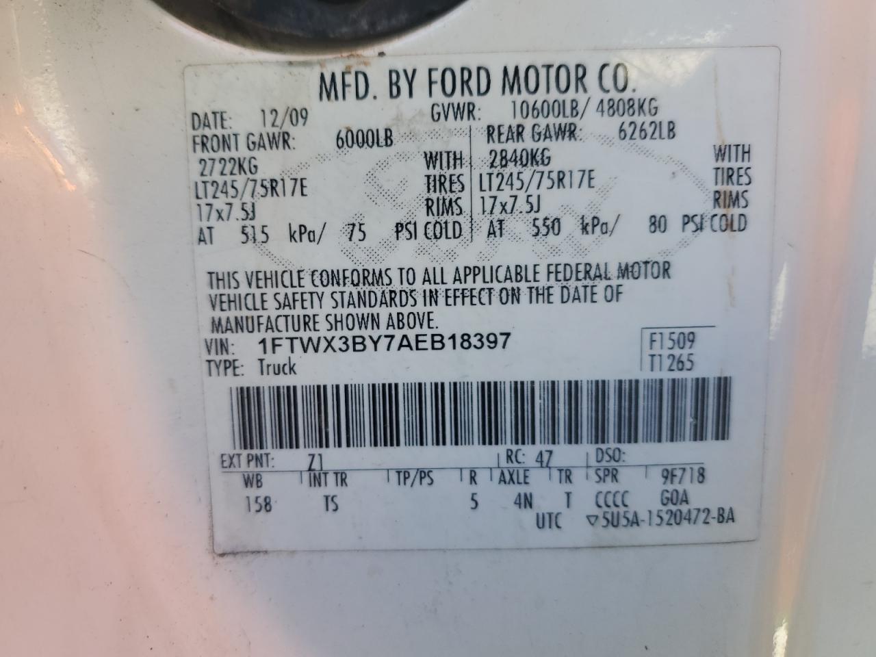 2010 Ford F350 VIN 1FTWX3BY7AEB18397 Copart auction photo, rollover damage thumbnail 13