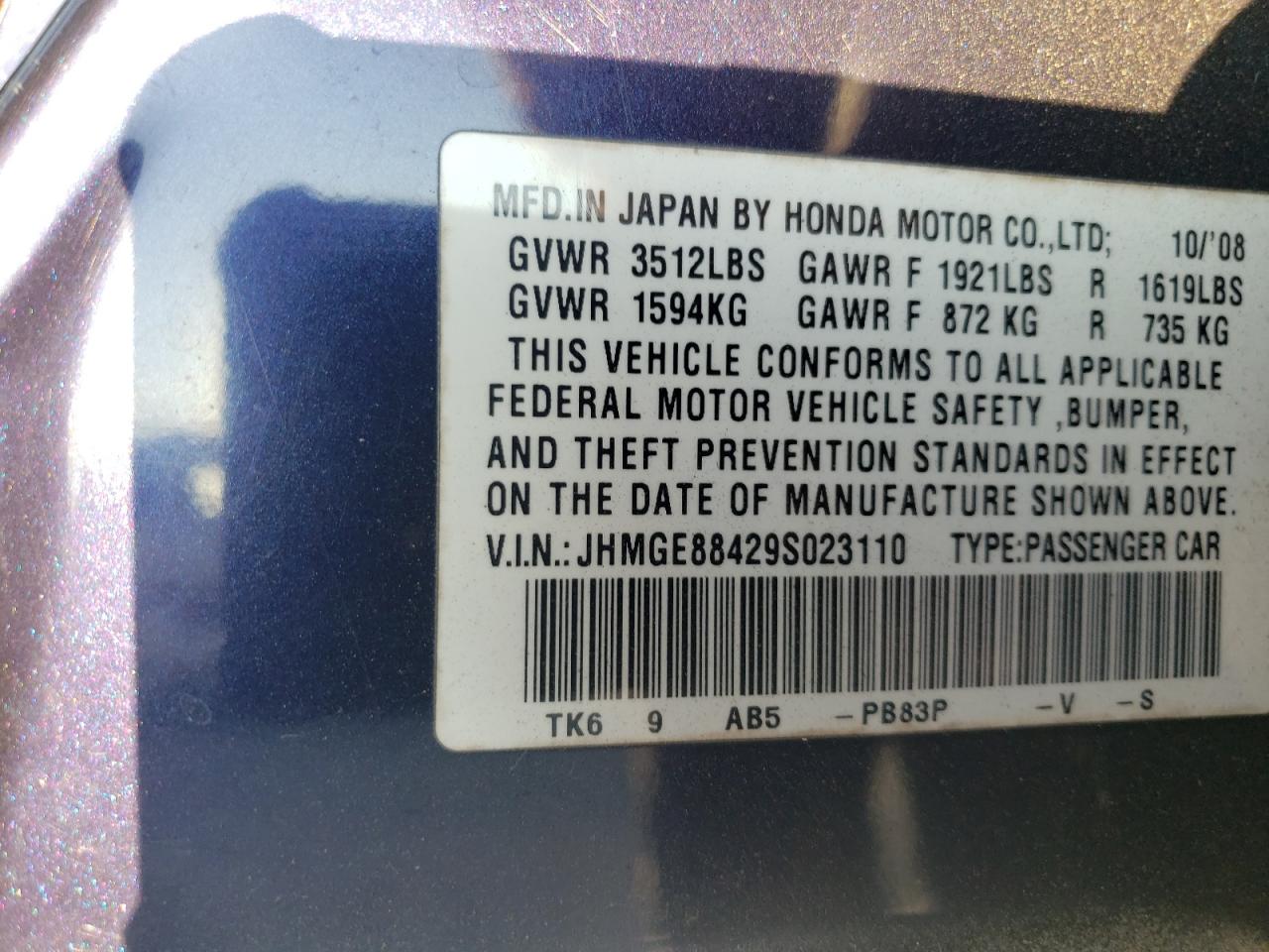 2009 Honda Fit VIN JHMGE88429S023110 Copart auction photo, front end damage thumbnail 13
