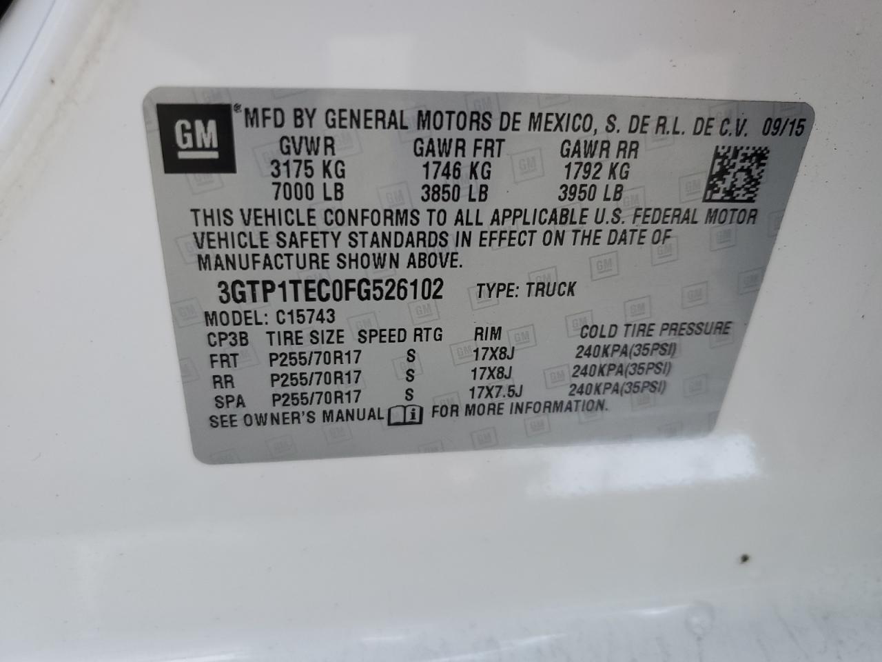 2015 GMC Sierra VIN 3GTP1TEC0FG526102 Copart auction photo, rear end damage thumbnail 12