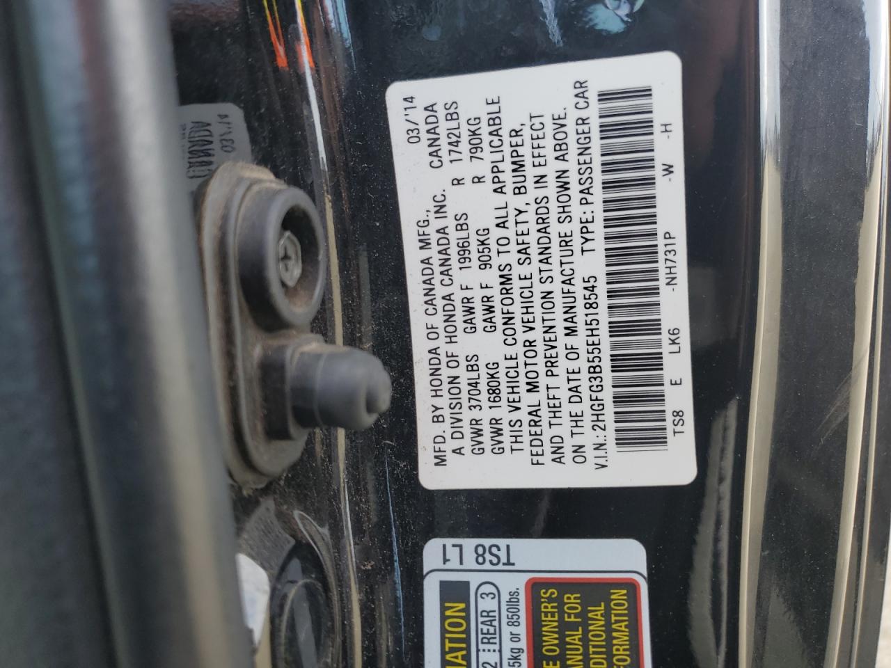 2014 Honda Civic VIN 2HGFG3B55EH518545 Copart auction photo, water/flood damage thumbnail 12
