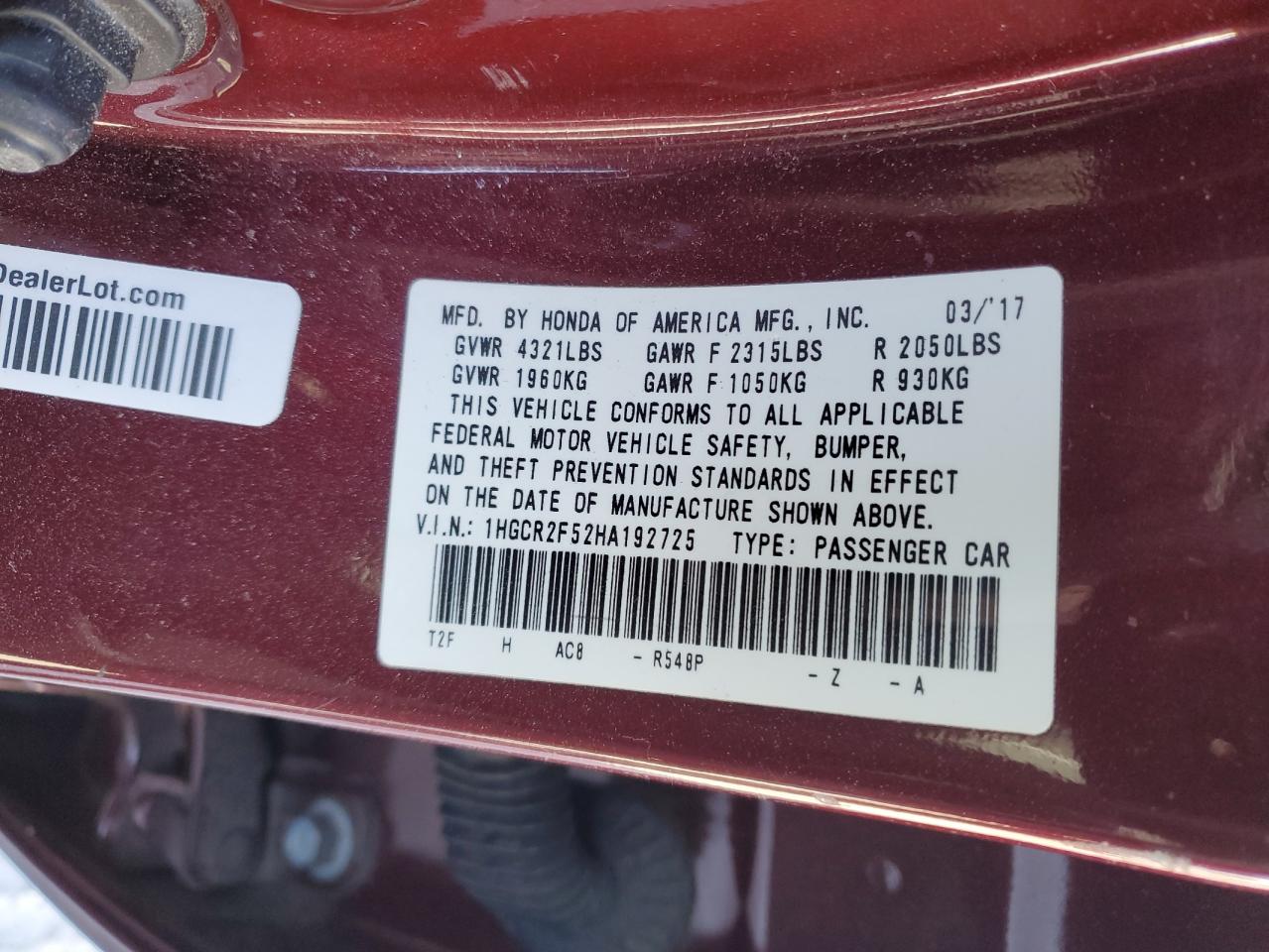 2017 Honda Accord VIN 1HGCR2F52HA192725 Copart auction photo, front end damage thumbnail 14