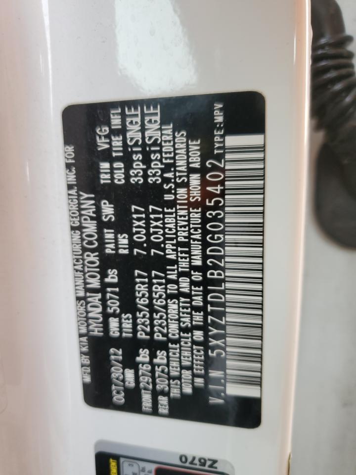 2013 Hyundai Santa Fe VIN 5XYZTDLB2DG035402 Copart auction photo, side damage thumbnail 14