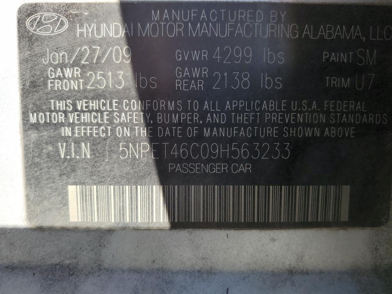 2009 Hyundai Sonata VIN 5NPET46C09H563233 Copart auction photo, burn - interior damage thumbnail 12