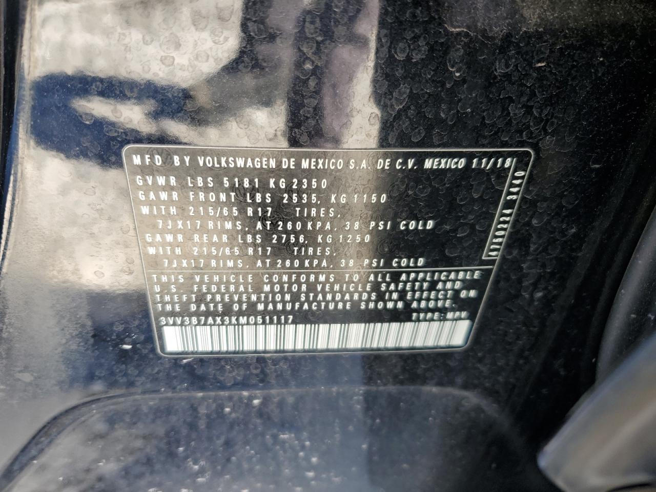 2019 Volkswagen Tiguan VIN 3VV3B7AX3KM051117 Copart auction photo, front end damage thumbnail 13
