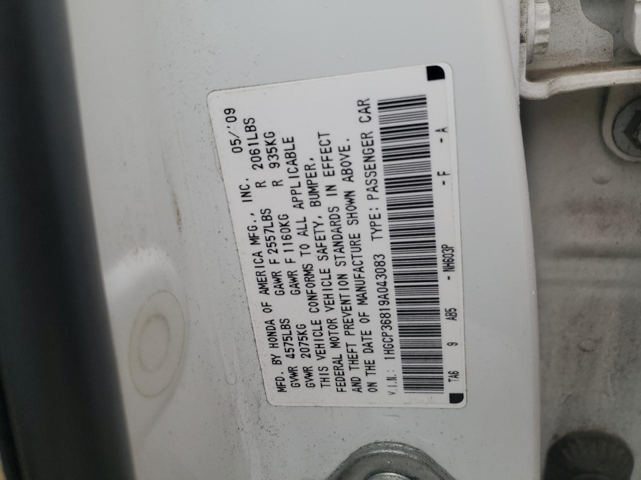 2009 Honda Accord VIN 1HGCP36819A043083 Copart auction photo, all over damage thumbnail 15
