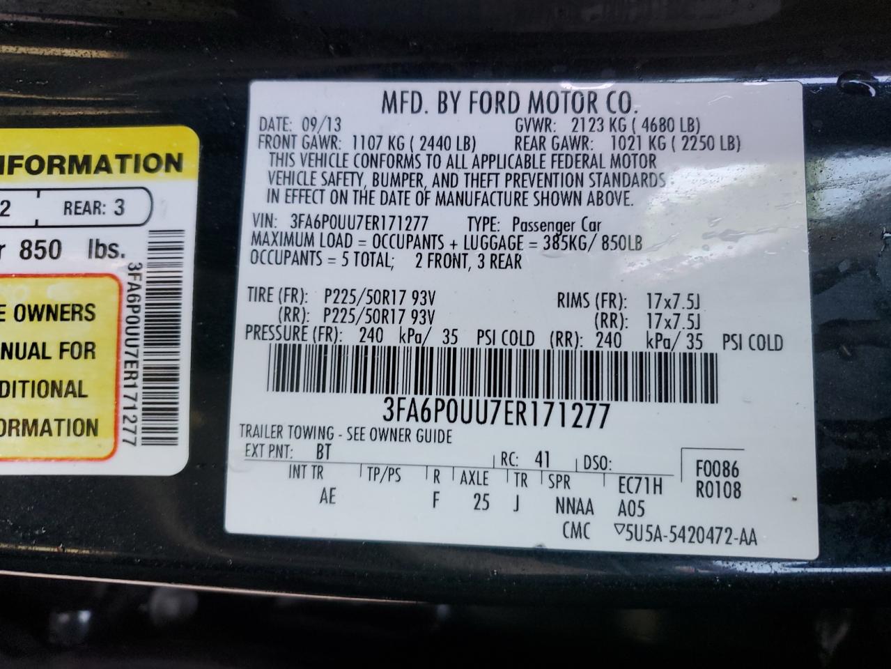 2014 Ford Fusion VIN 3FA6P0UU7ER171277 Copart auction photo, side / front end damage thumbnail 12