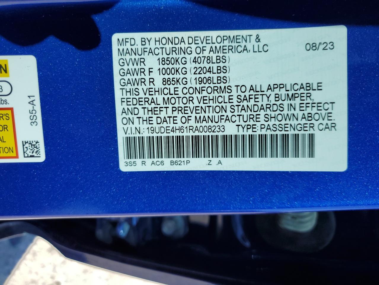 2024 Acura Integra VIN 19UDE4H61RA008233 Copart auction photo, front end / side damage thumbnail 12