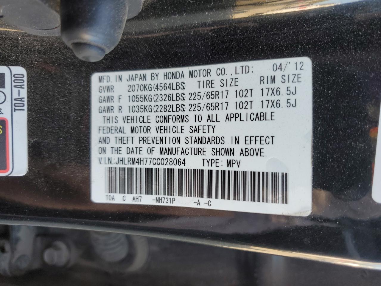 2012 Honda CR-V VIN JHLRM4H77CC028064 Copart auction photo, front end damage thumbnail 15