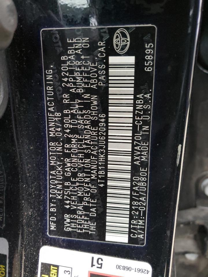 2018 Toyota Camry VIN 4T1B11HK3JU620946 Copart auction photo, minor dent/scratches damage thumbnail 12