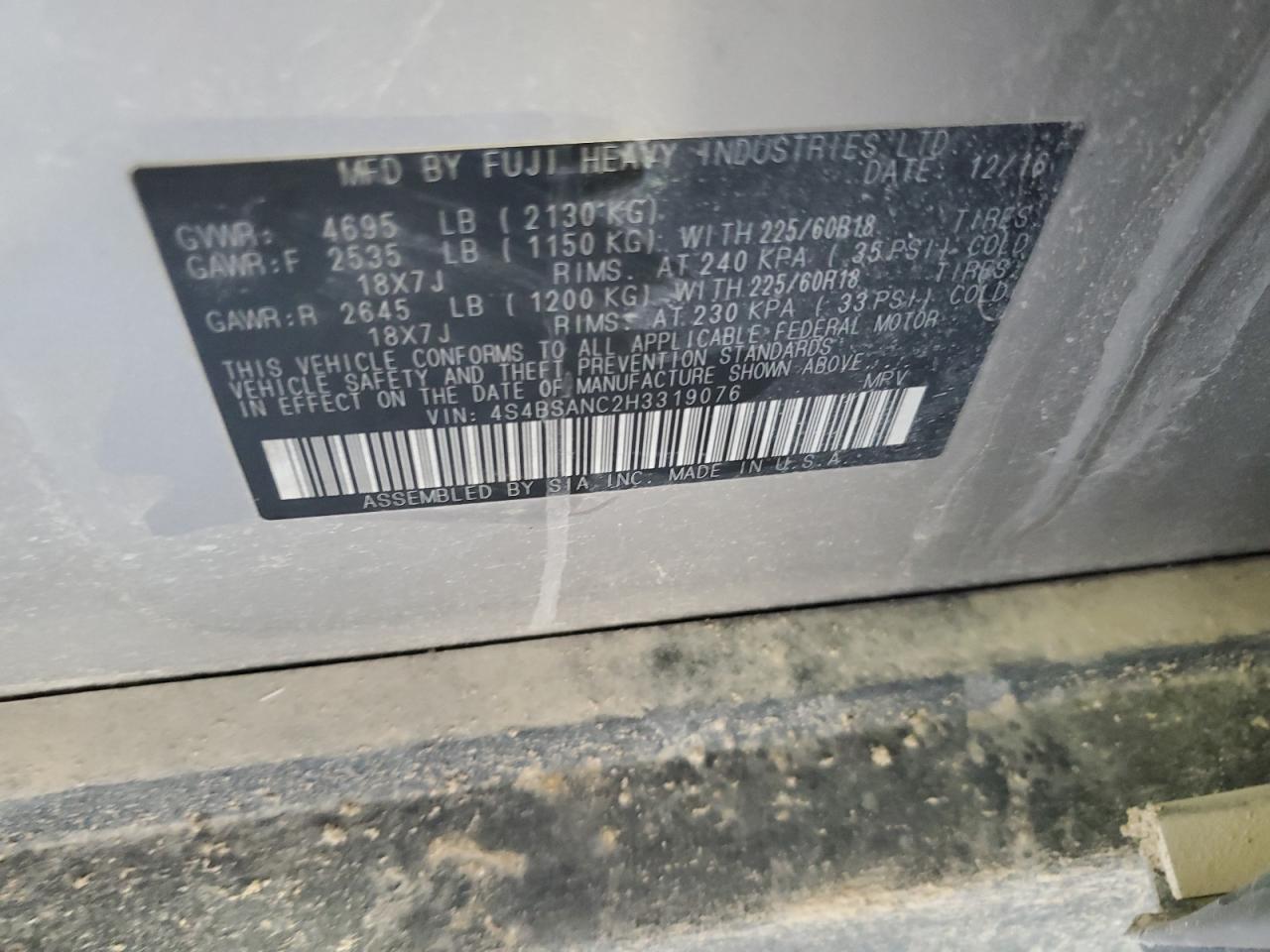 2017 Subaru Outback VIN 4S4BSANC2H3319076 Copart auction photo, front end / mechanical damage thumbnail 13