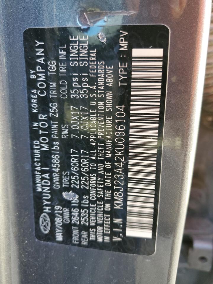 2019 Hyundai Tucson VIN KM8J23A42KU036104 Copart auction photo, rear end / all over damage thumbnail 12