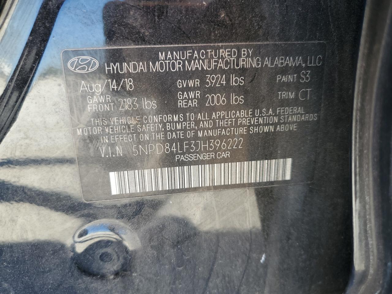 2018 Hyundai Elantra VIN 5NPD84LF3JH396222 Copart auction photo, rear end / front end damage thumbnail 13