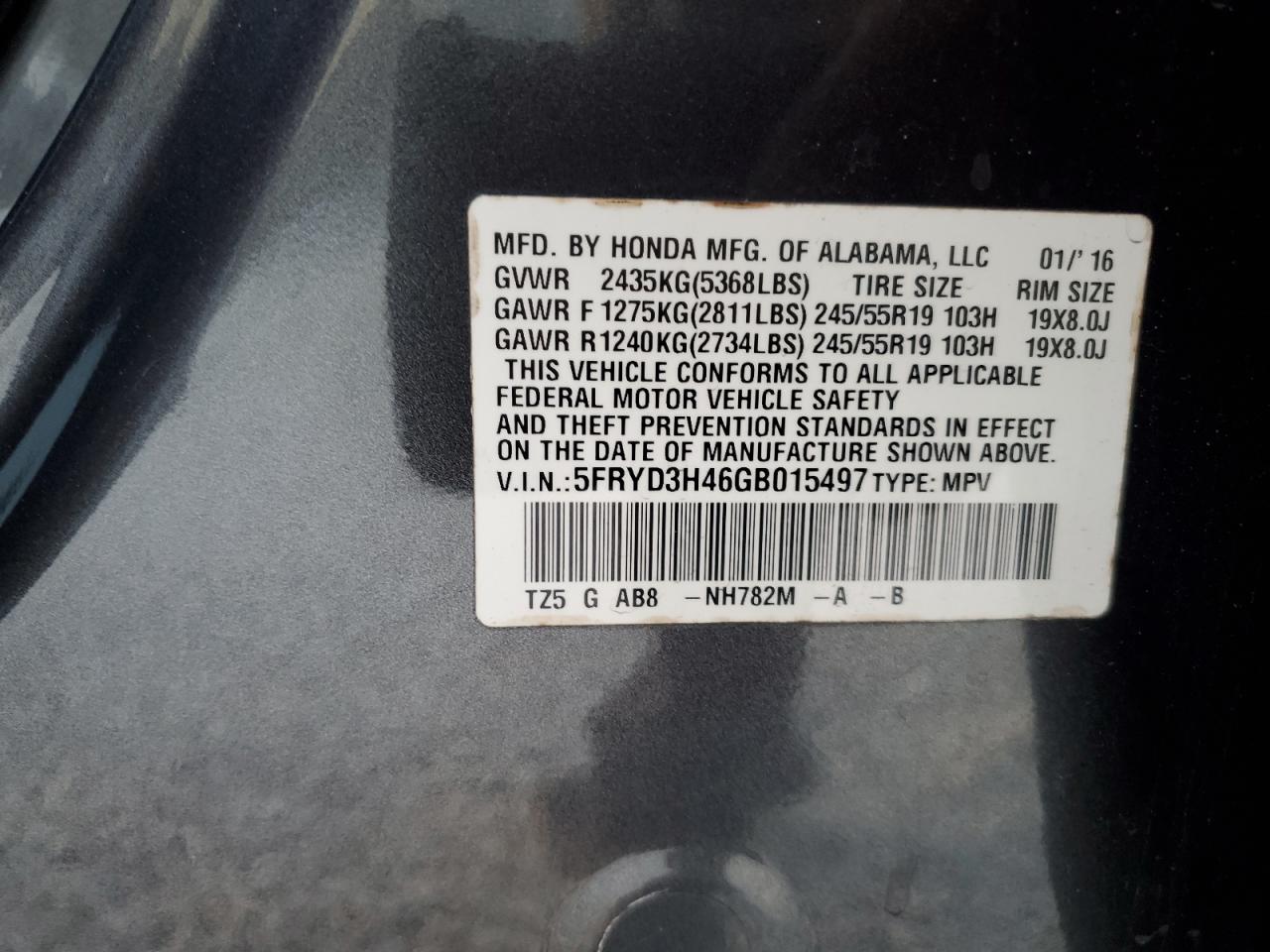 2016 Acura MDX VIN 5FRYD3H46GB015497 Copart auction photo, undercarriage / front end damage thumbnail 15