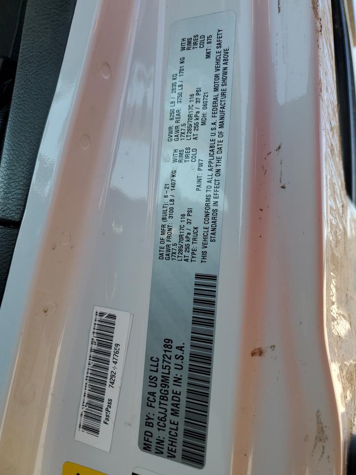 2021 Jeep Gladiator VIN 1C6JJTBG9ML572189 Copart auction photo, water/flood / mechanical damage thumbnail 13