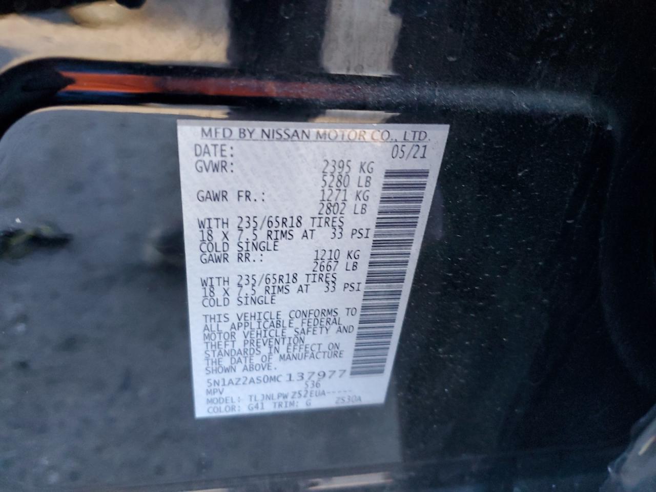 2021 Nissan Murano VIN 5N1AZ2AS0MC137977 Copart auction photo, front end damage thumbnail 13