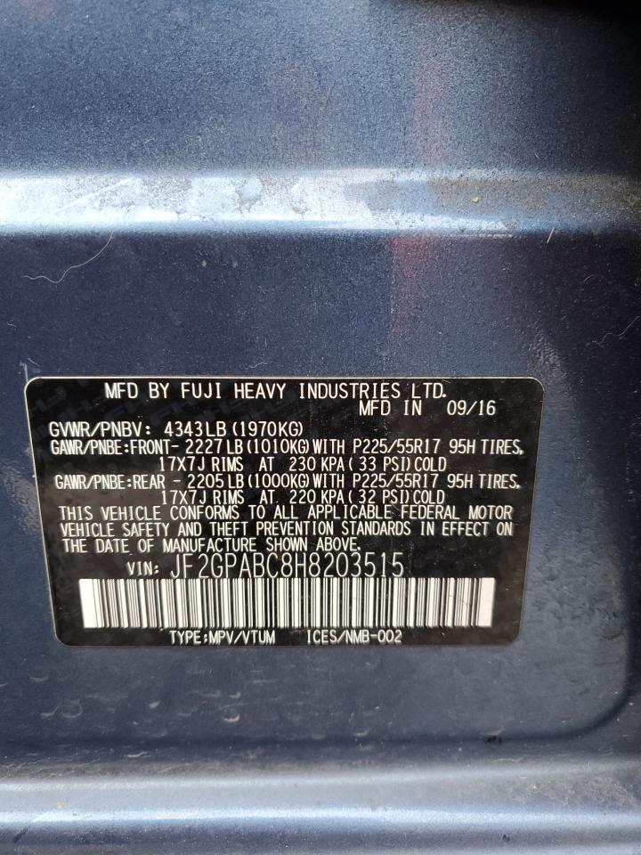 2017 Subaru XV VIN JF2GPABC8H8203515 Copart auction photo, front end damage thumbnail 16