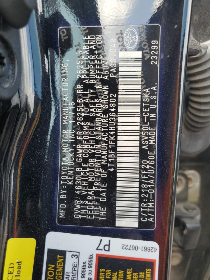 2017 Toyota Camry VIN 4T1BF1FK4HU364802 Copart auction photo, rear end / side damage thumbnail 13
