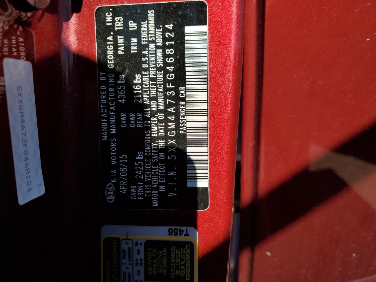 2015 KIA Optima VIN 5XXGM4A73FG468124 Copart auction photo, frame damage / front end damage thumbnail 14