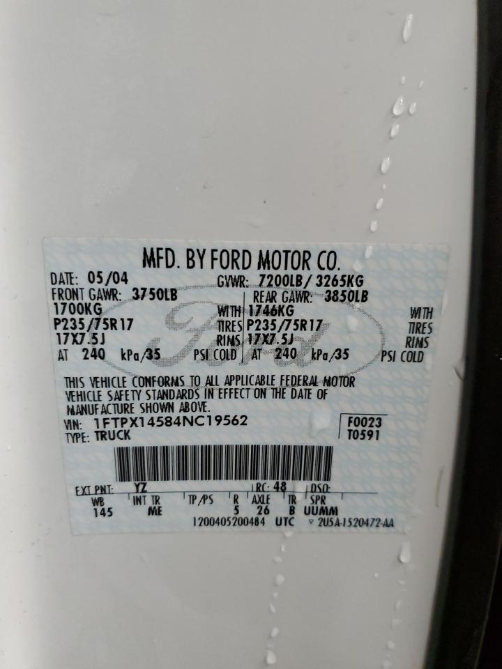 2004 Ford F-150 VIN 1FTPX14584NC19562 Copart auction photo, front end / side damage thumbnail 12