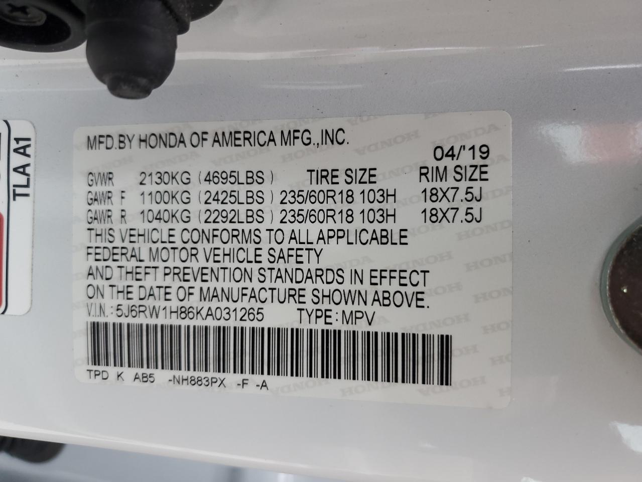 2019 Honda CR-V VIN 5J6RW1H86KA031265 Copart auction photo, front end / side damage thumbnail 13